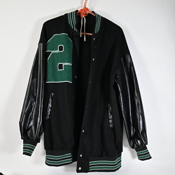 Black and Green Oversized Varsity Baseball Jacket - Picture 4 of 7